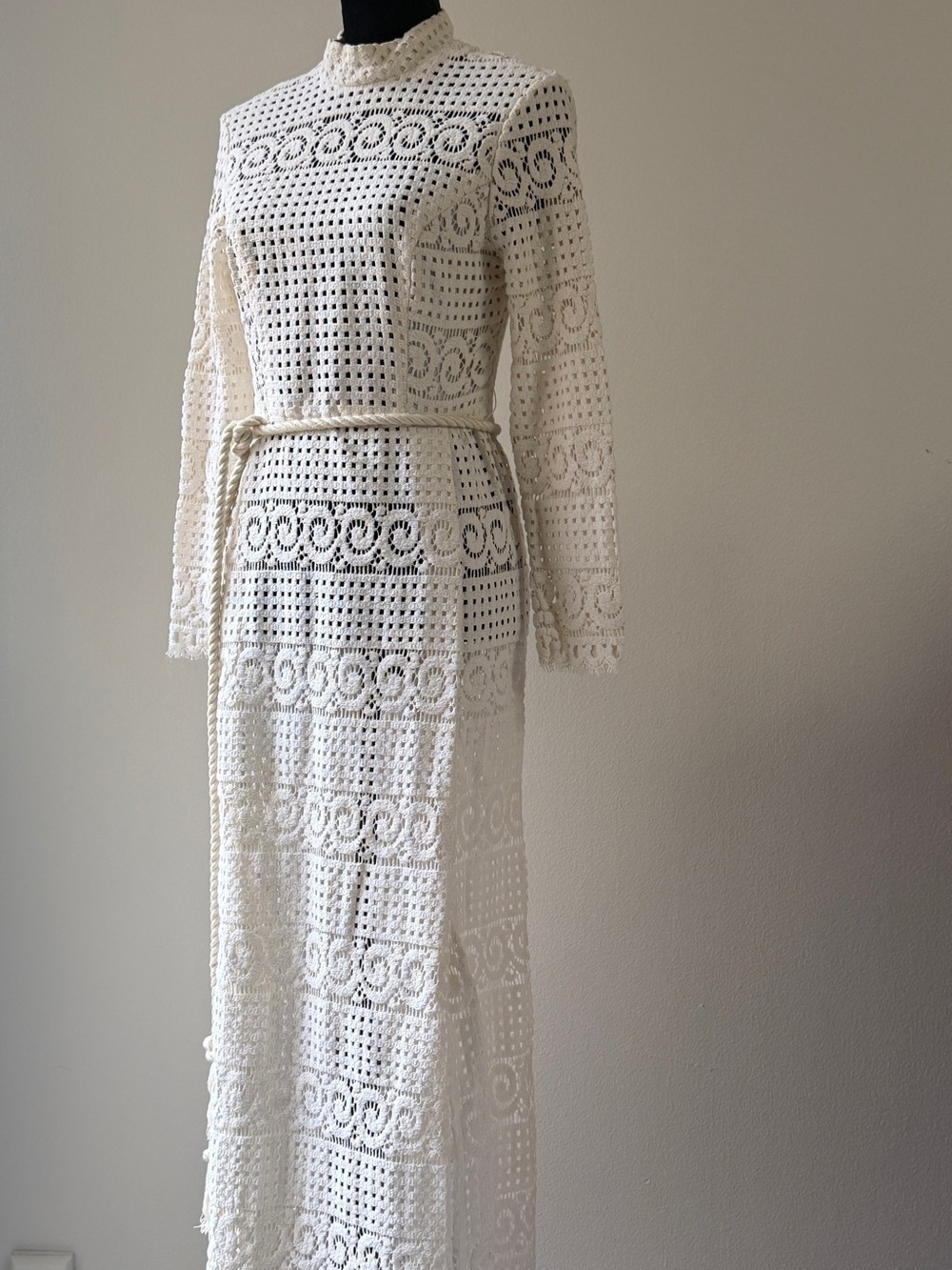 Vintage Ivory Crochet style fabric Long-Sleeve Maxi Dress